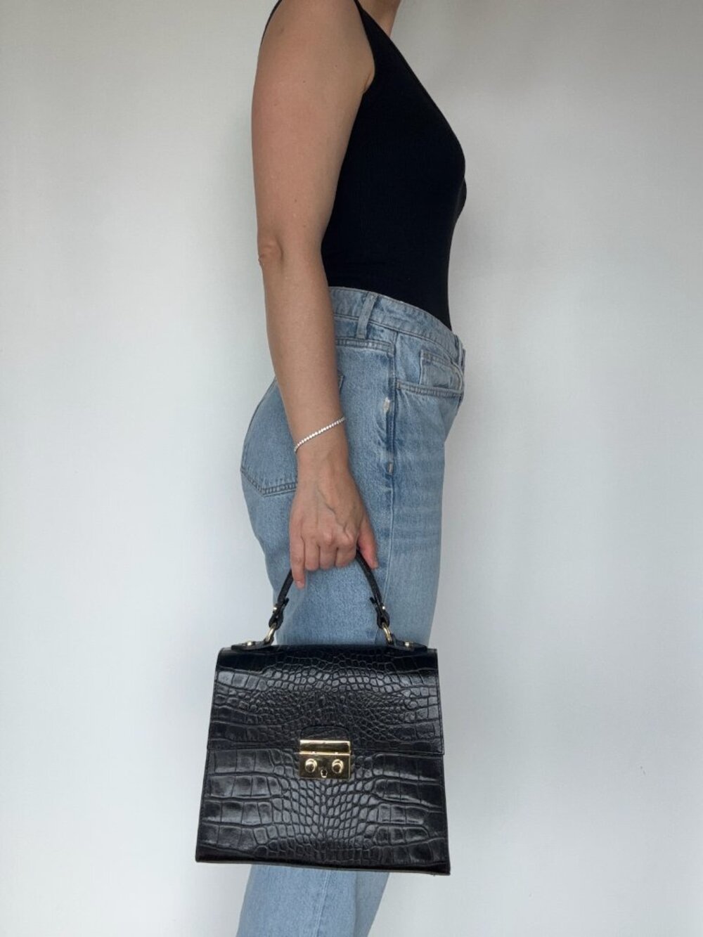 Classic Black Genuine Italian Leather Croc Top Handle Bag - Picture 3 of 11